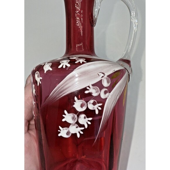 Vintage Victorian Cranberry Glass Jug W/Hand Painted White Flowers Gold Trim 7” - Picture 15 of 16